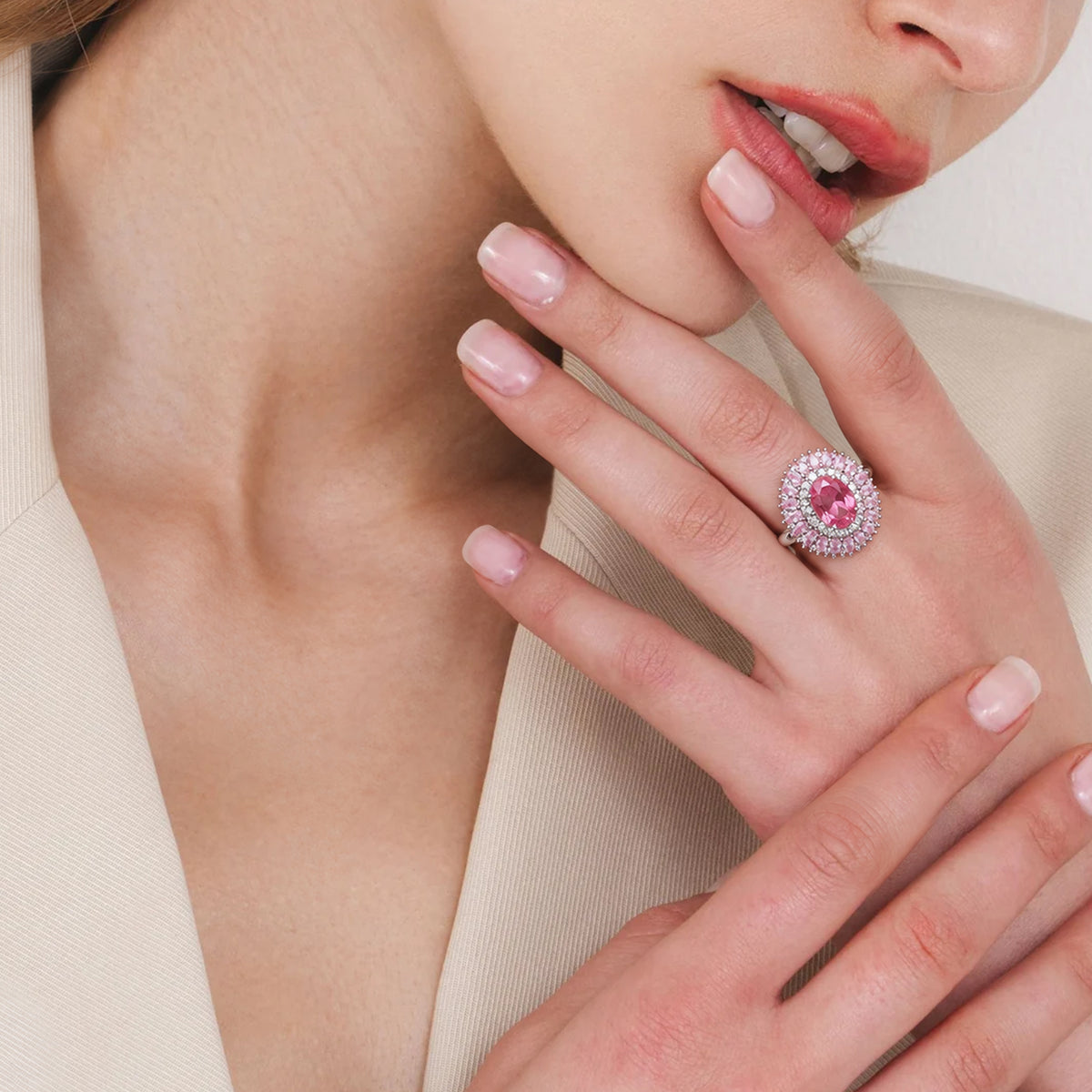 Pink Zircon Floral Halo Adjustable Ring