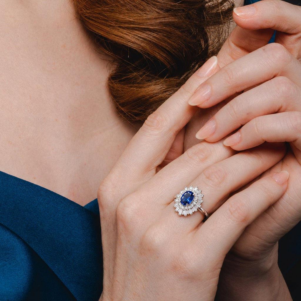 Silver-Tone Blue Zircon Radiant Halo Ring