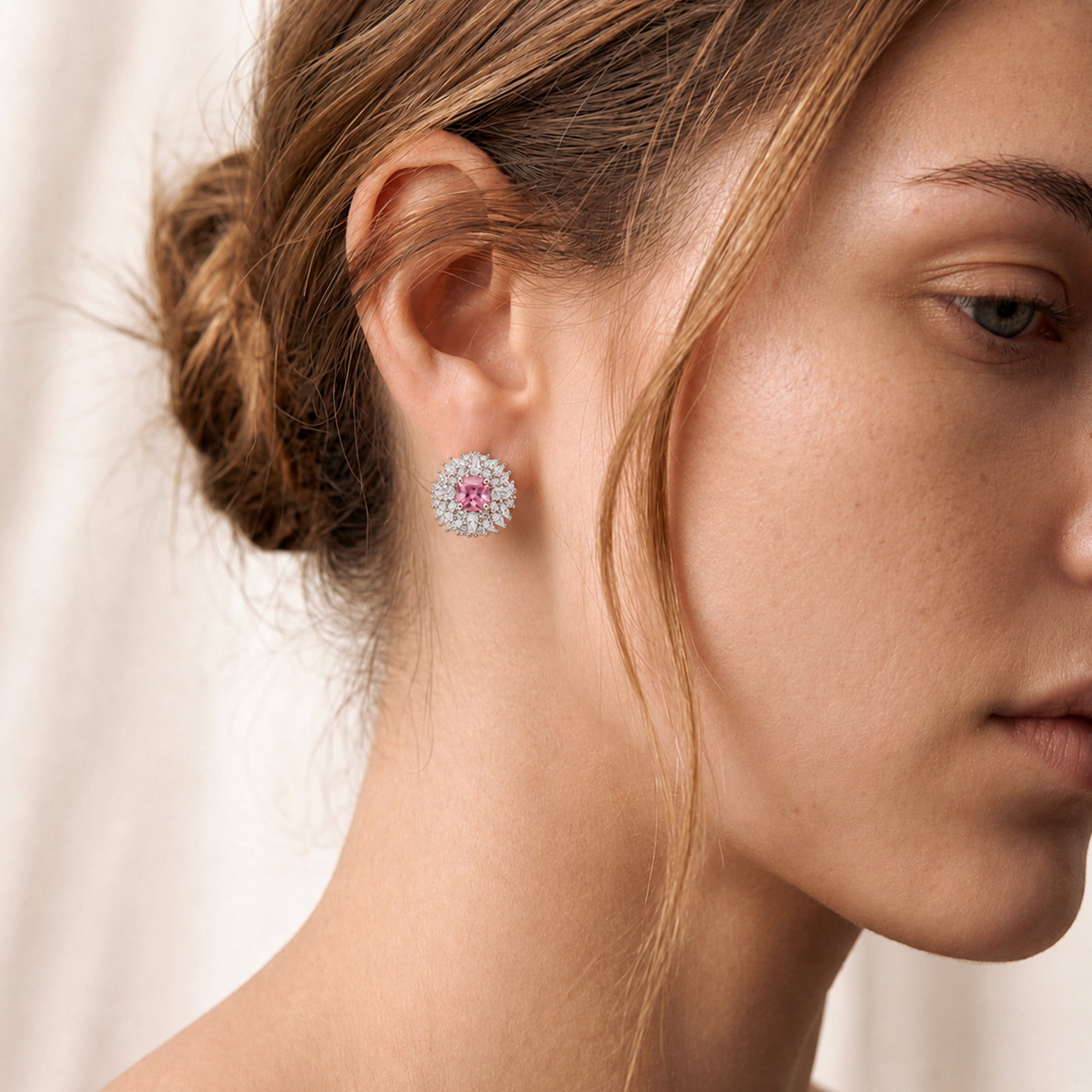Pink Cushion Halo Zircon Stud Earrings