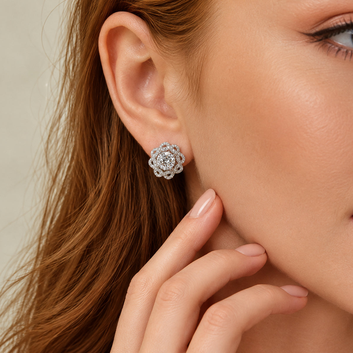Silver-Tone Zircon Floral Stud Earrings