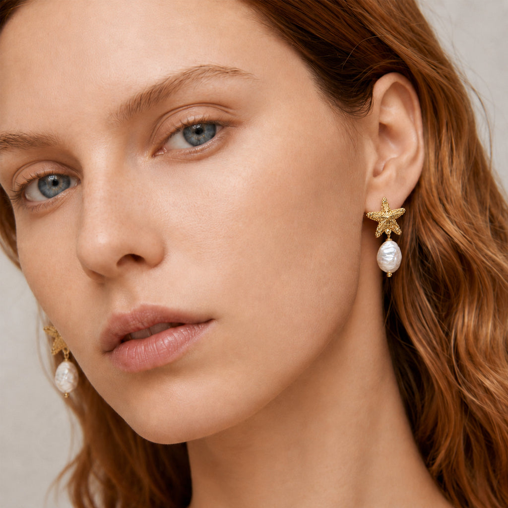S925 Starfish Baroque Pearl Drop Earrings