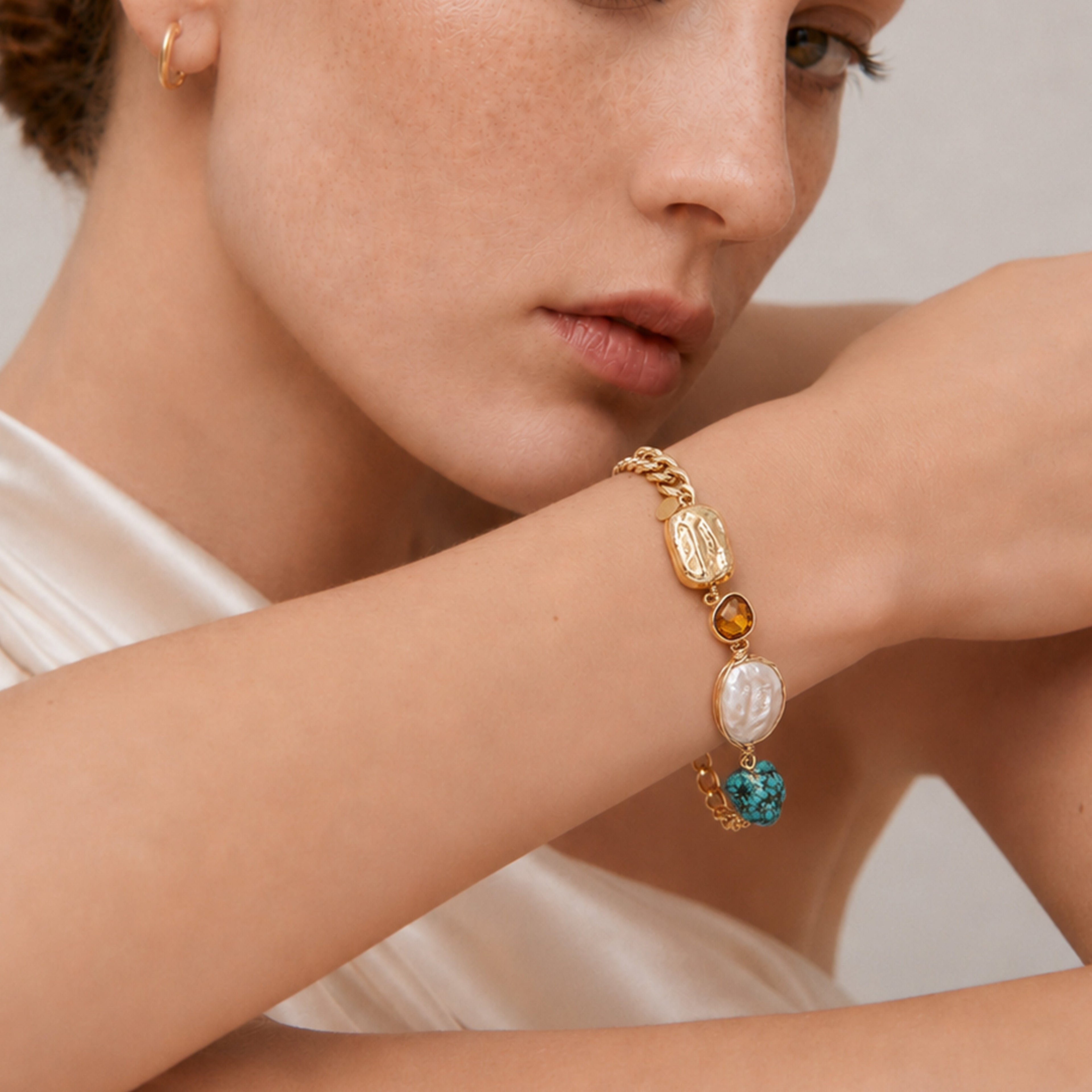 18K Gold-Plated Pearl and Turquoise Bracelet