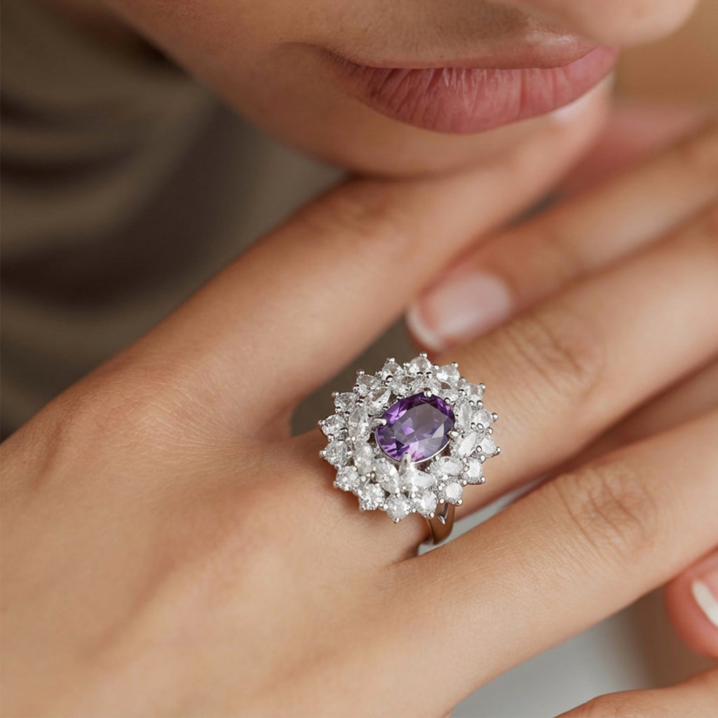 Silver-Tone Purple Zircon Floral Halo Ring