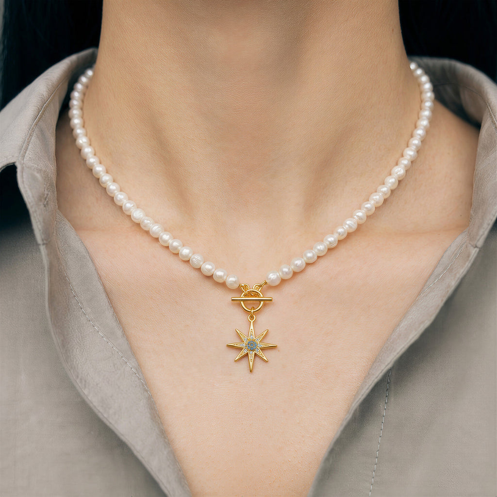 Gold-Plated Blue Starburst Pearl-Bead Necklace