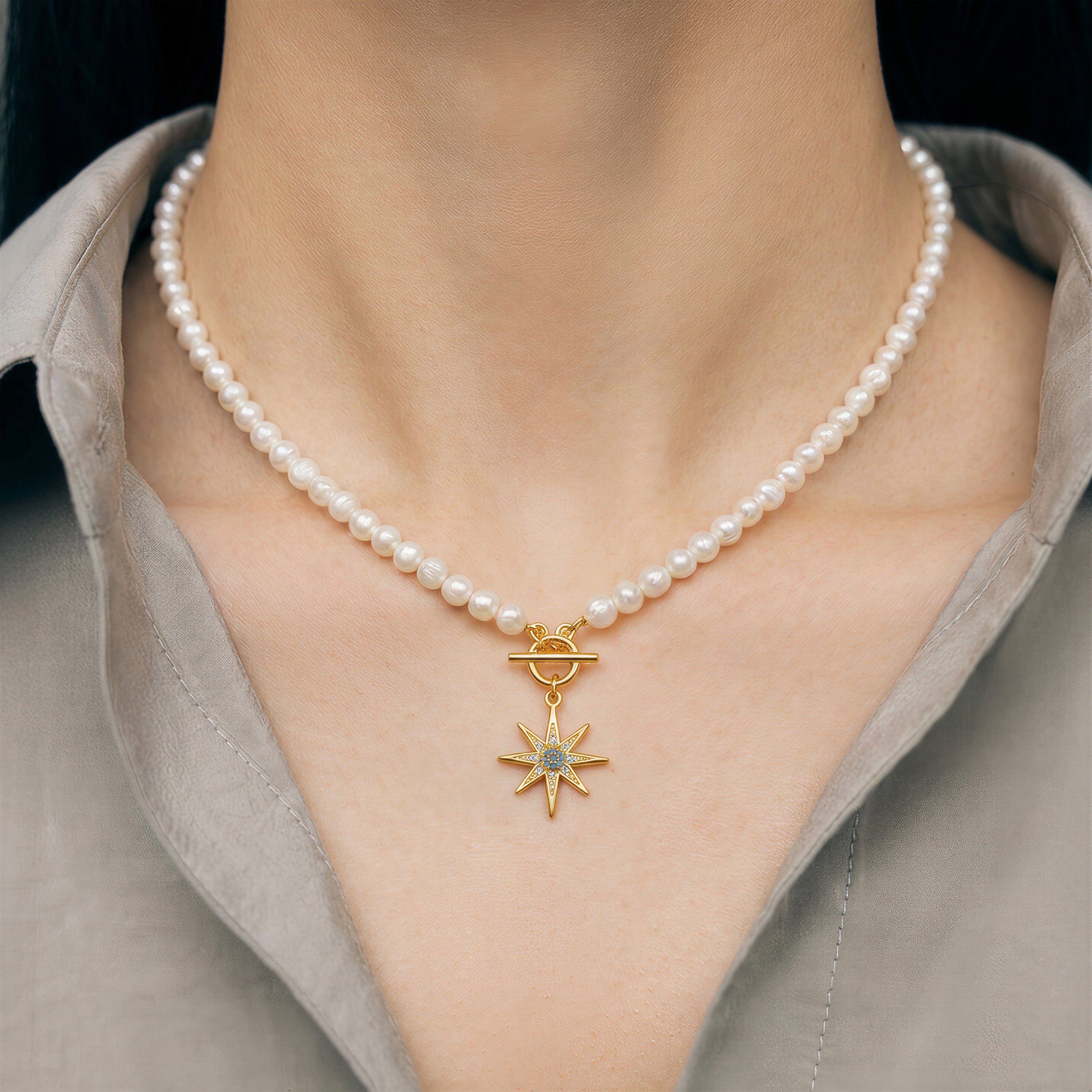 Gold-Plated Blue Starburst Pearl-Bead Necklace