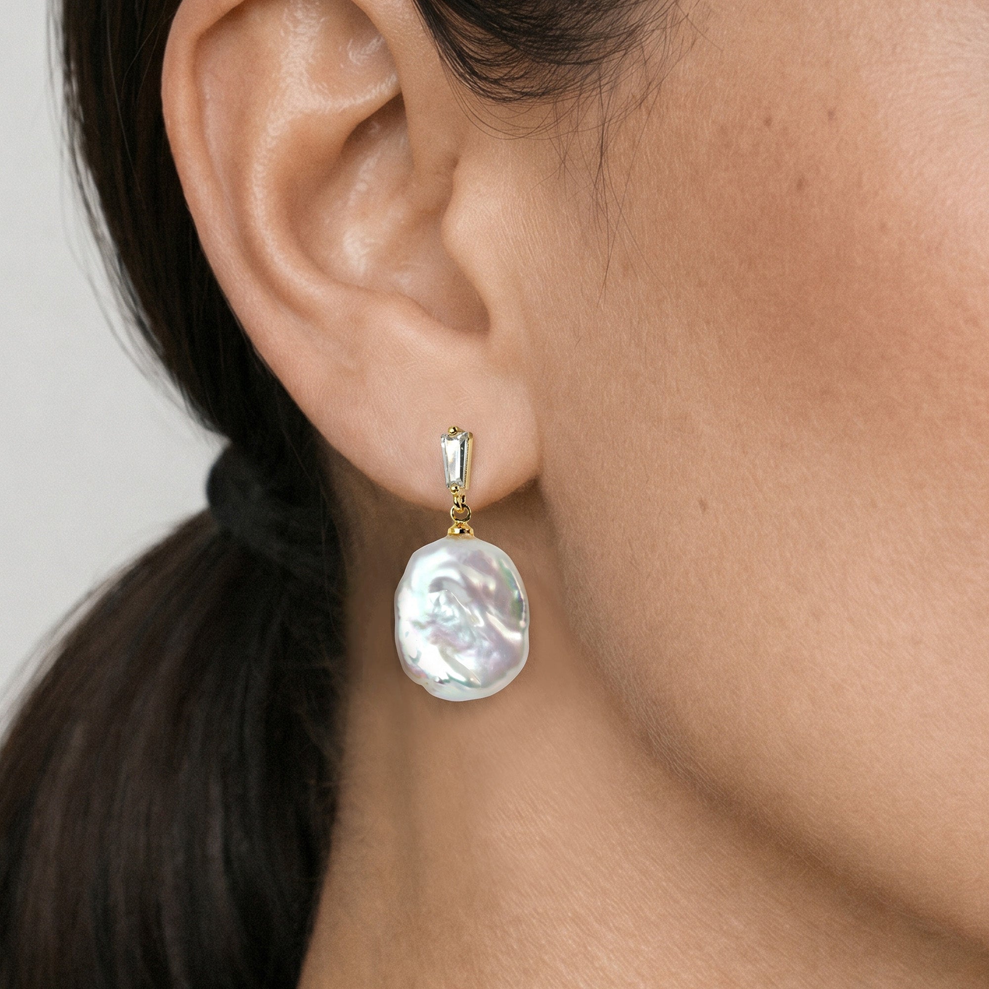 Baguette Accent Baroque Pearl Drop Earrings