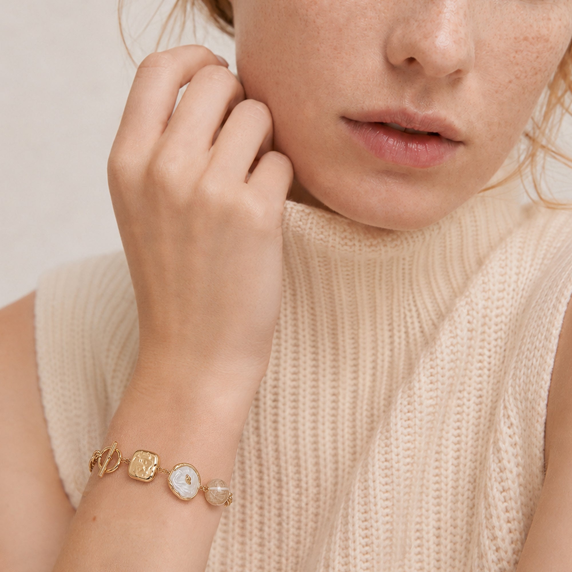 18K Gold-Plated Pearl and Mother-of-Pearl Bracelet