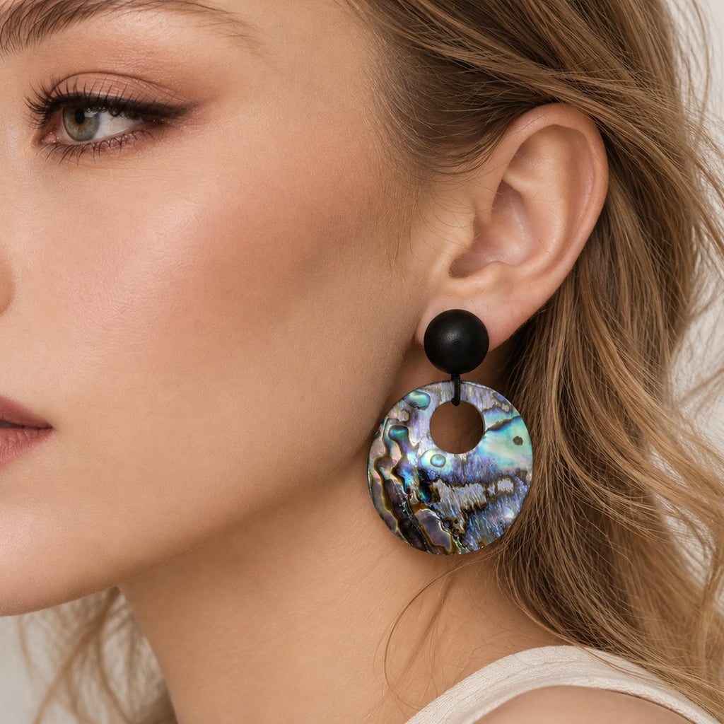Black Bead Iridescent Shell Drop Earrings