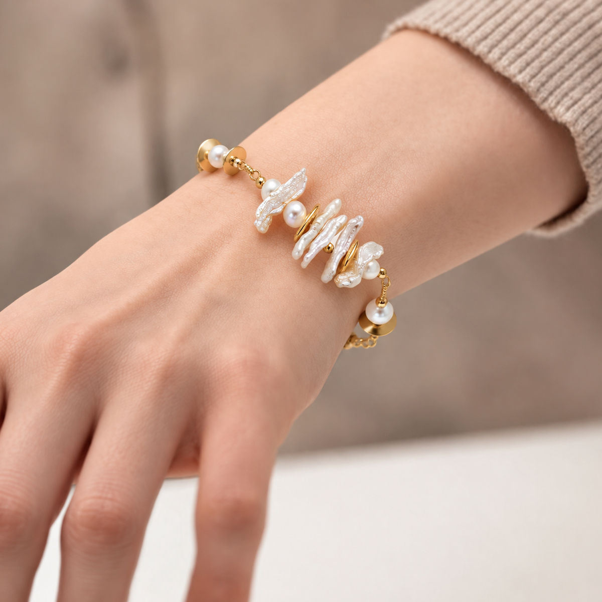 Baroque Pearl and Sculptural Disc Bracelet