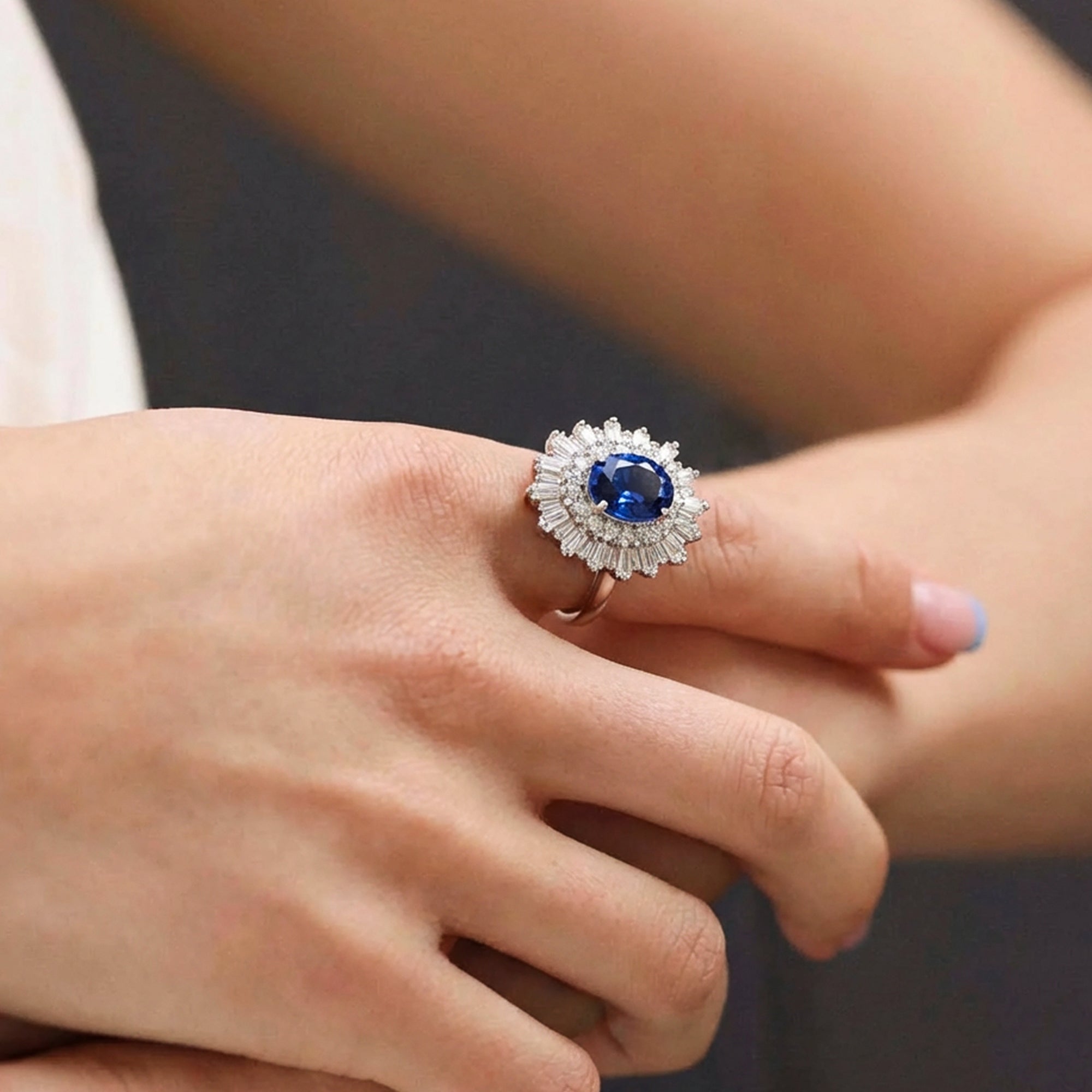 Silver-Tone Blue Zircon Radiant Halo Ring