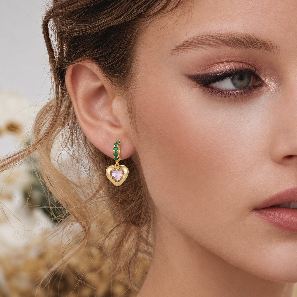 Green CZ Heart Drop Hoop Earrings