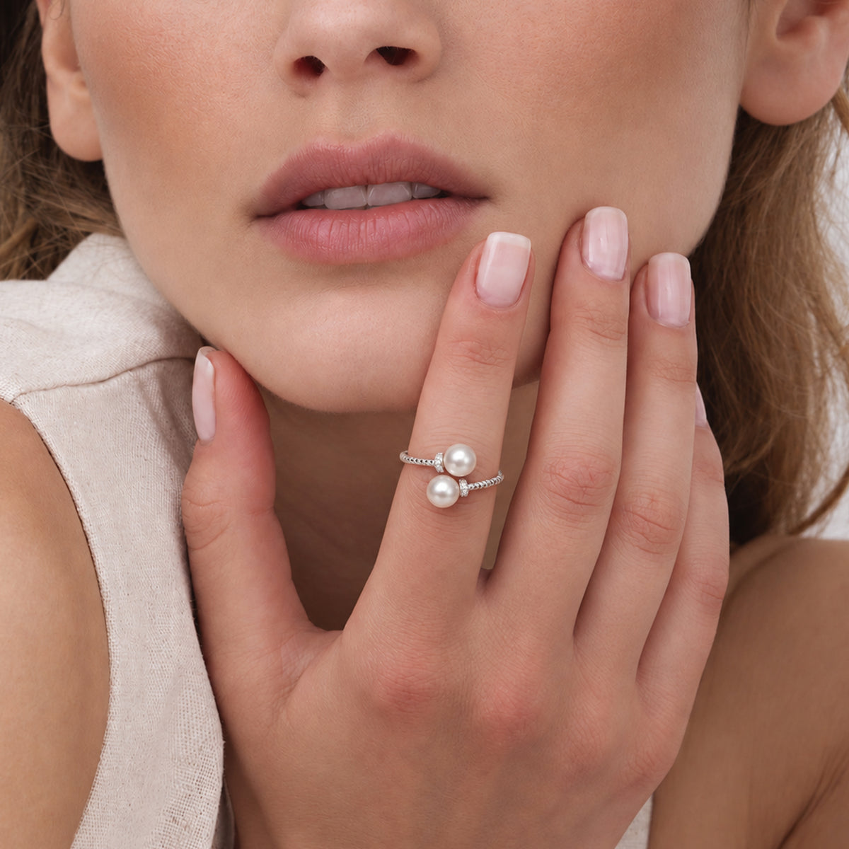 S925 Silver Double Pearl Adjustable Ring