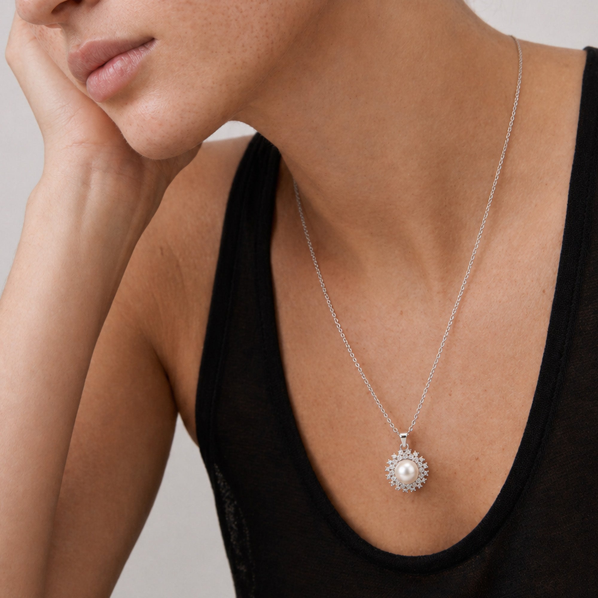 Silver-Tone Pearl Halo Pendant Necklace