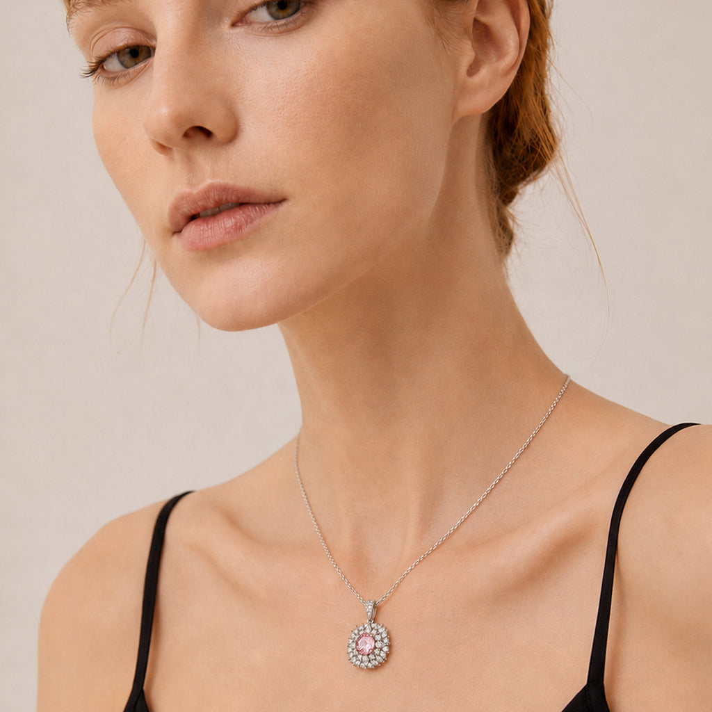 Pink Cubic Zirconia Halo Pendant Necklace
