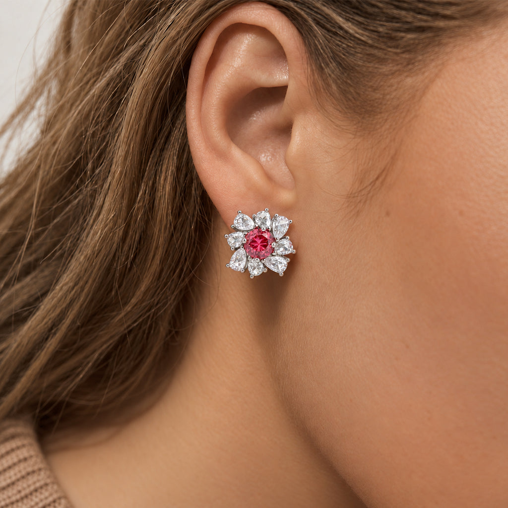 Pink Floral Zircon Brass Stud Earrings