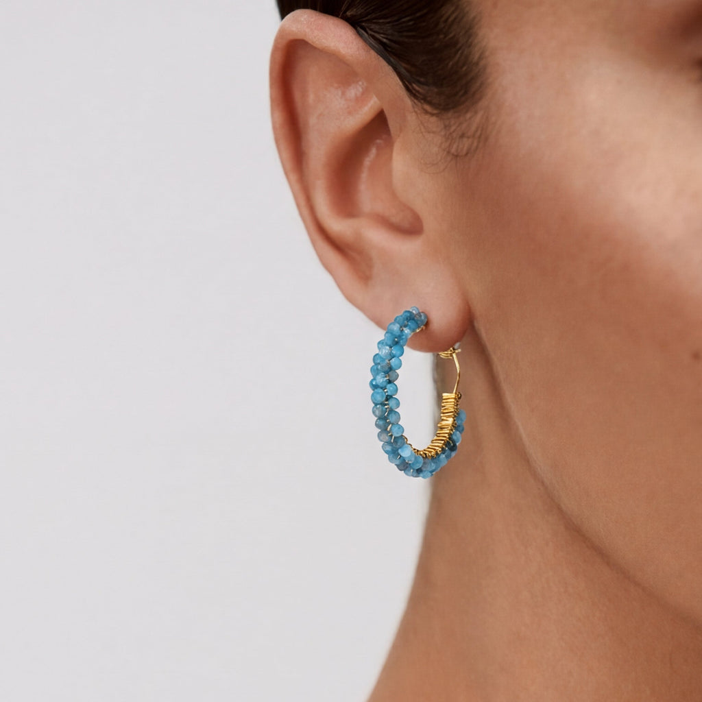 Blue Agate Beaded Hoop Earrings