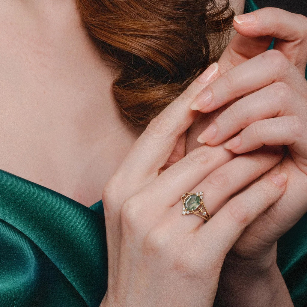 18K Gold-Plated S925 Moss Agate Ring