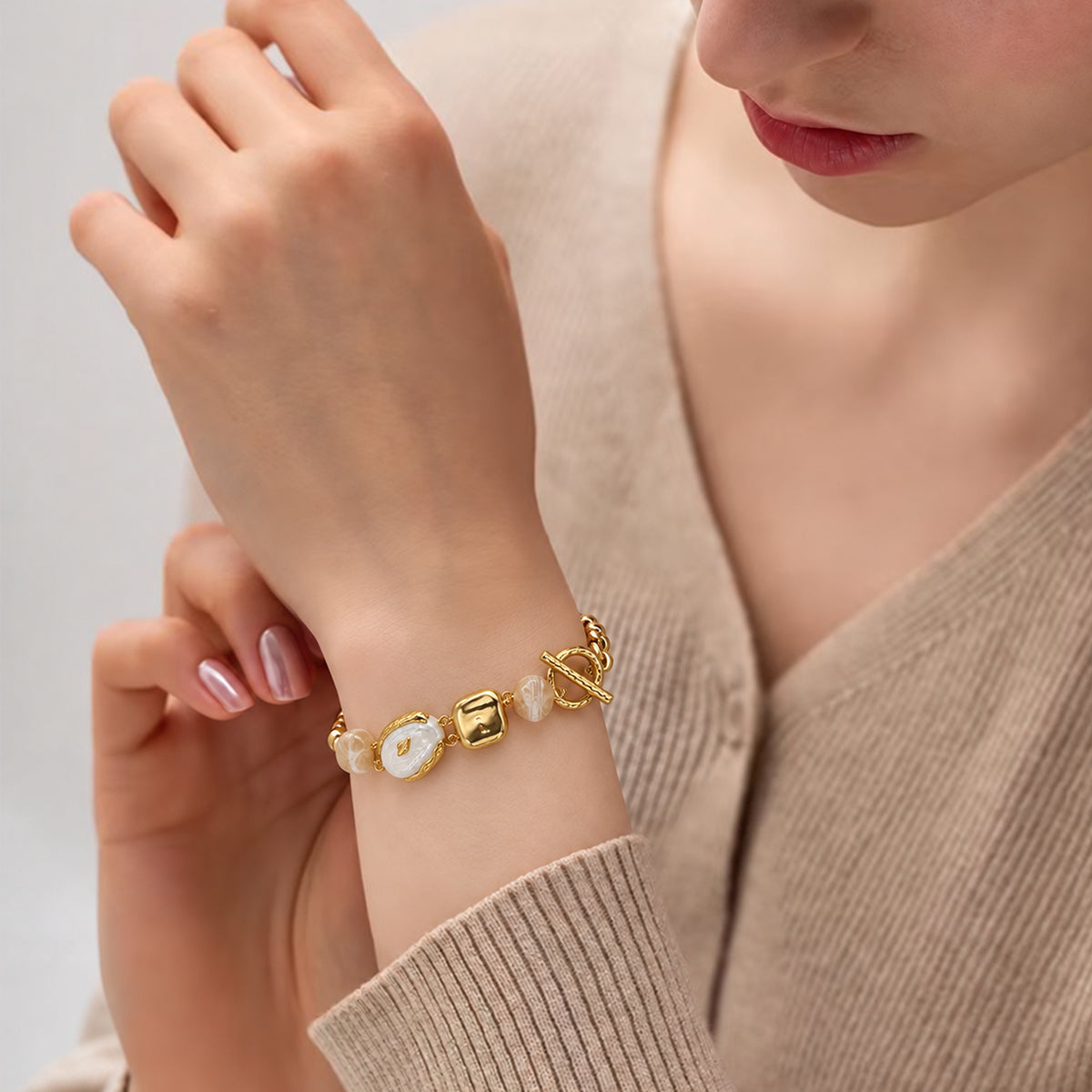 18K Gold-Plated Pearl and Mother-of-Pearl Bracelet