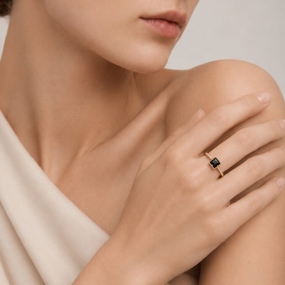 18K Gold-Plated S925 Black Onyx Square Ring