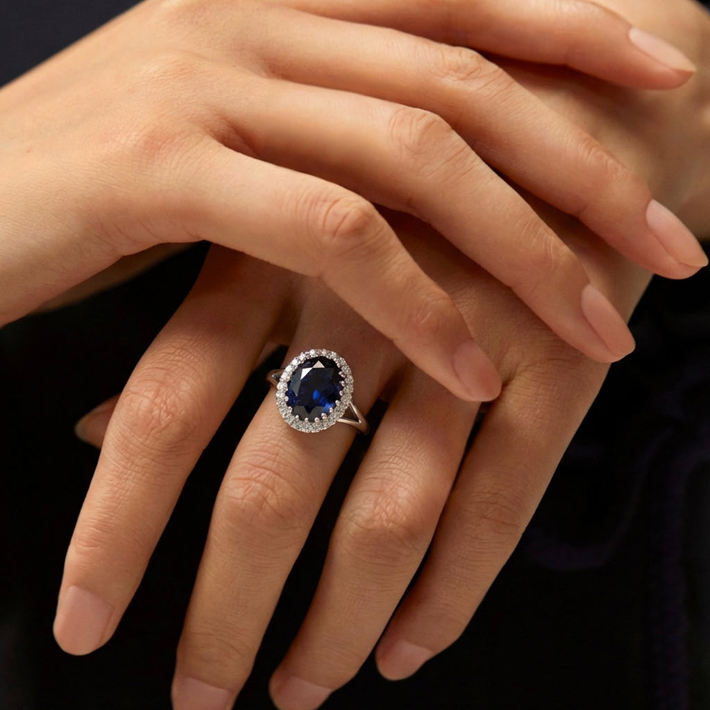 S925 Dark Blue Oval Zircon Halo Ring