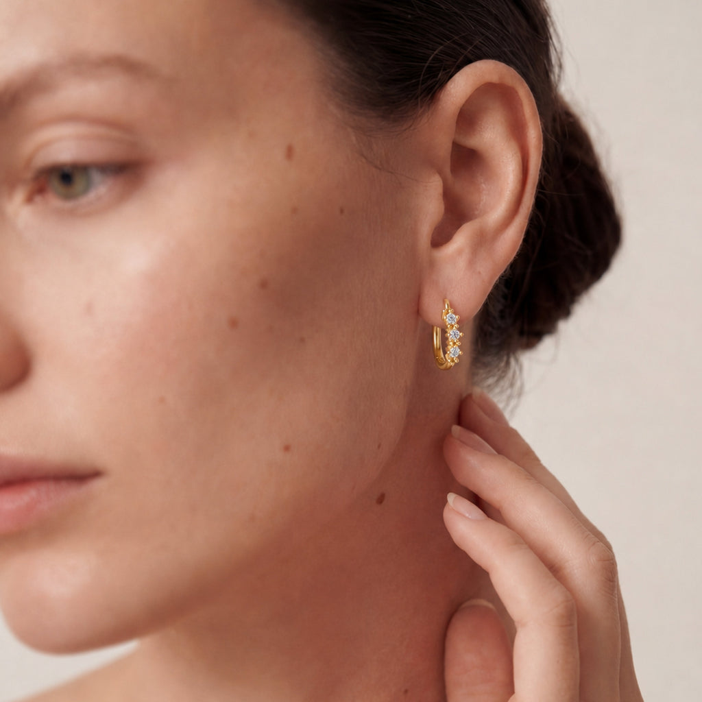 Triple Zircon Floral Huggie Hoop Earrings