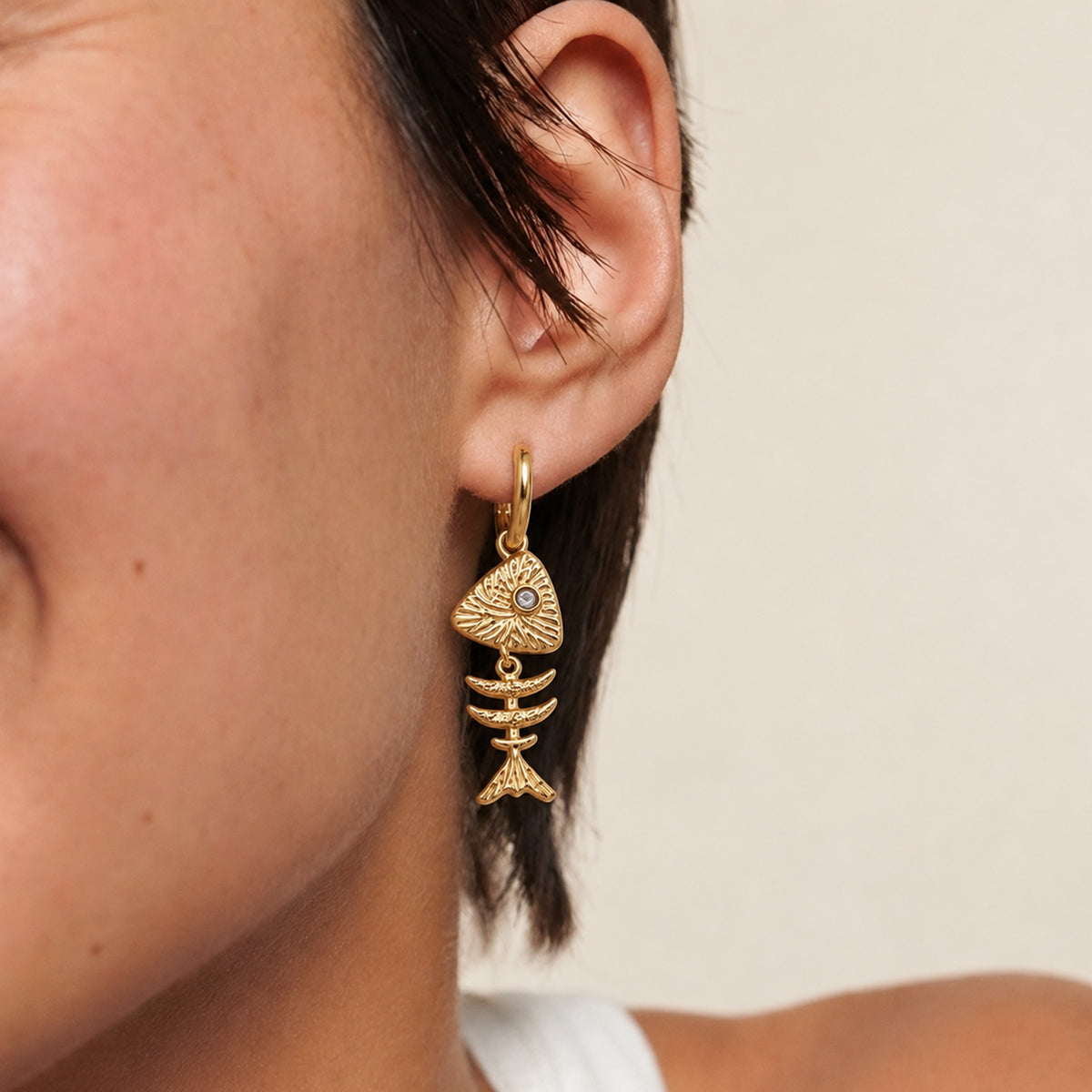 Textured Fishbone Charm Hoop Earrings