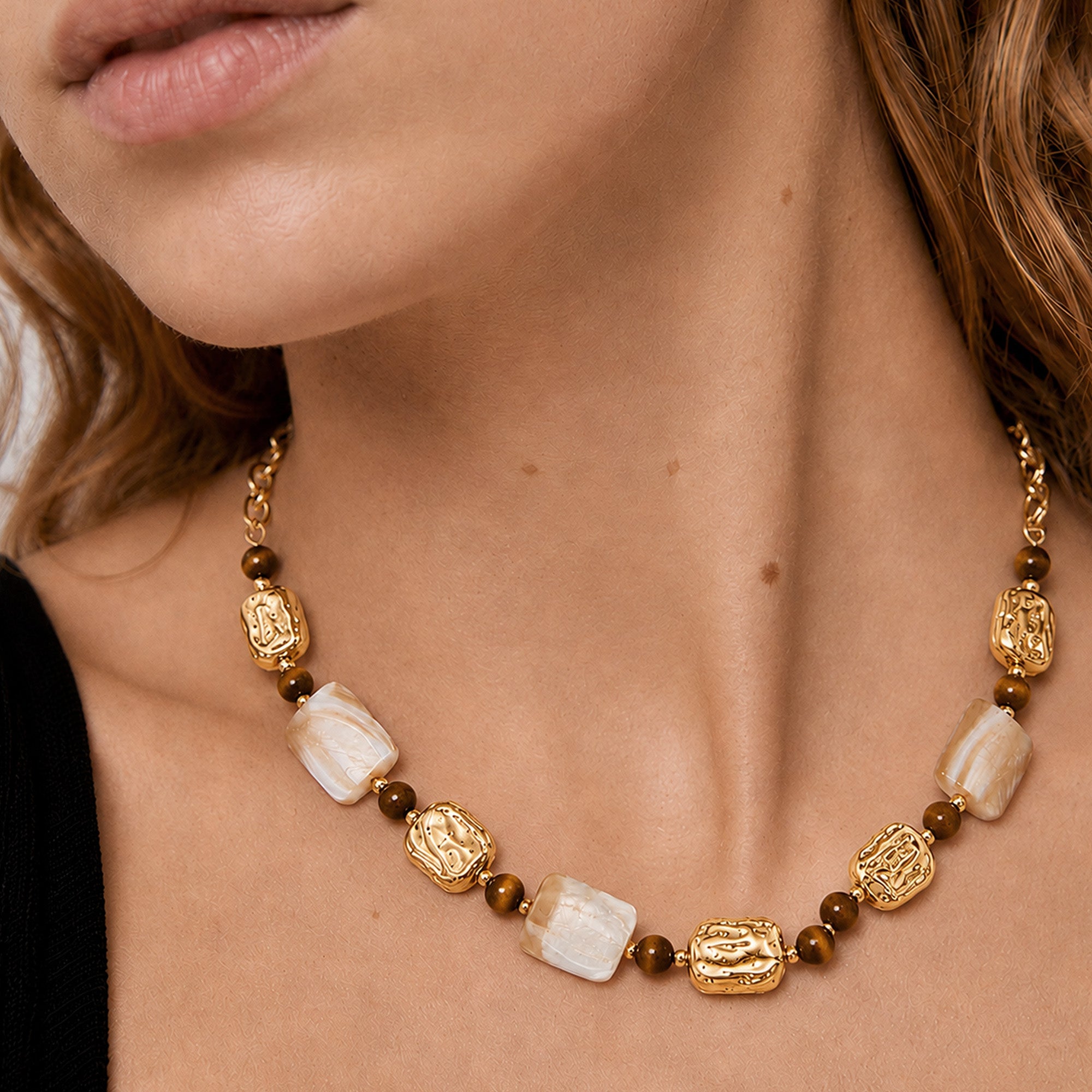 Tiger's Eye White Shell Bead Necklace