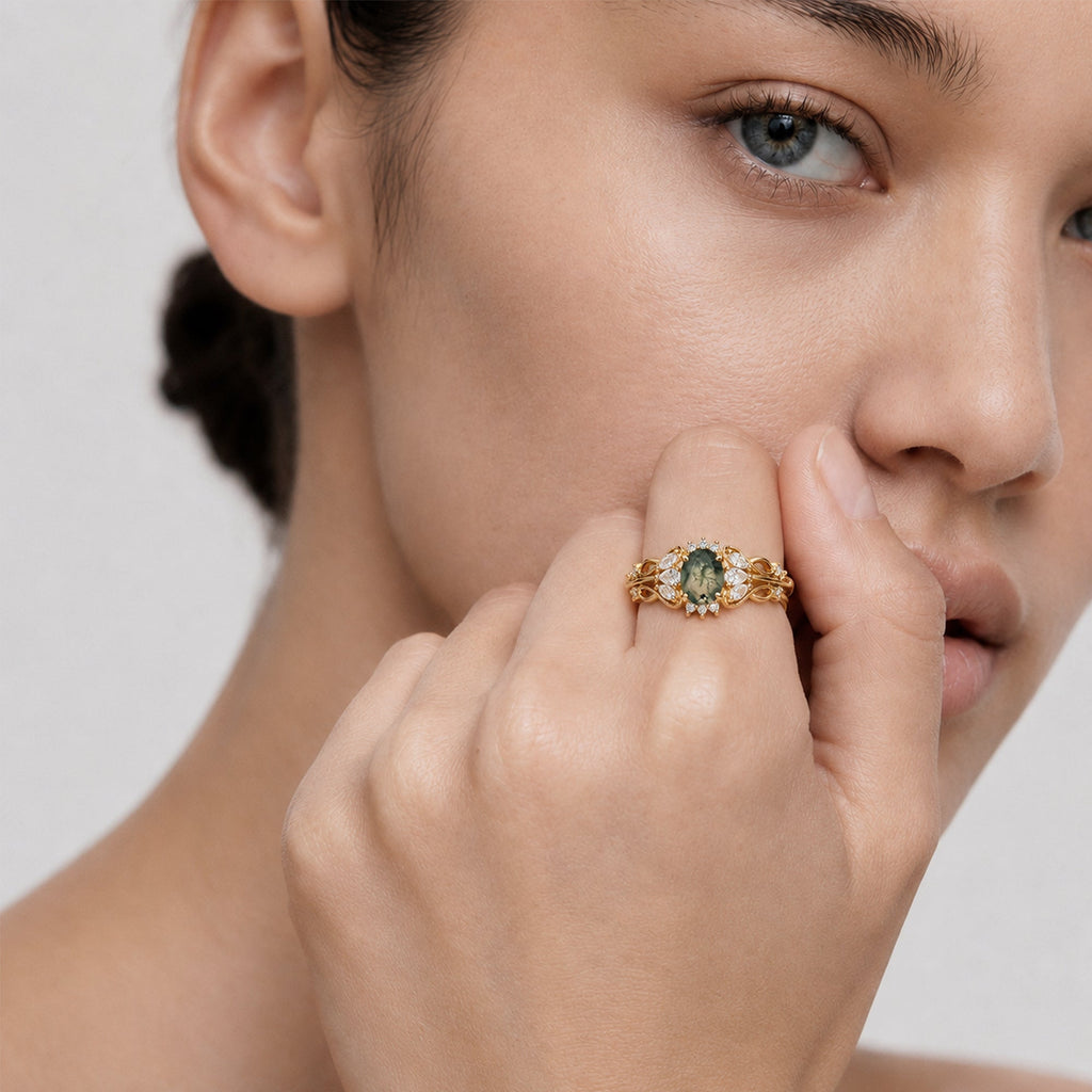 Natural Moss Agate Zircon S925 Silver Ring