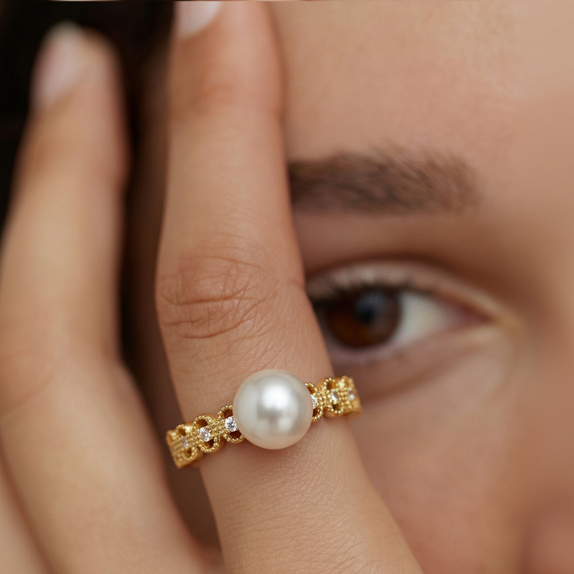 Pearl Filigree 18K Gold-Plated Copper Ring