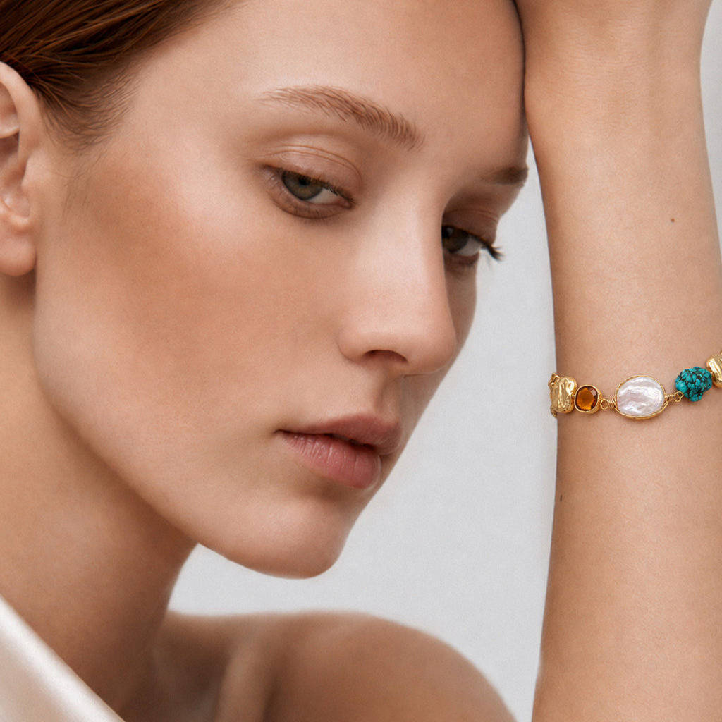 18K Gold-Plated Pearl and Turquoise Bracelet