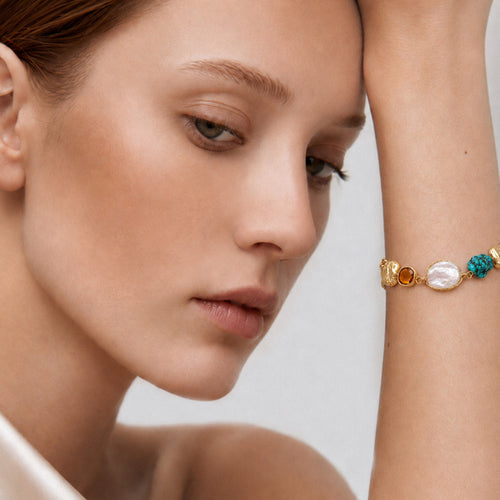 18K Gold-Plated Pearl and Turquoise Bracelet
