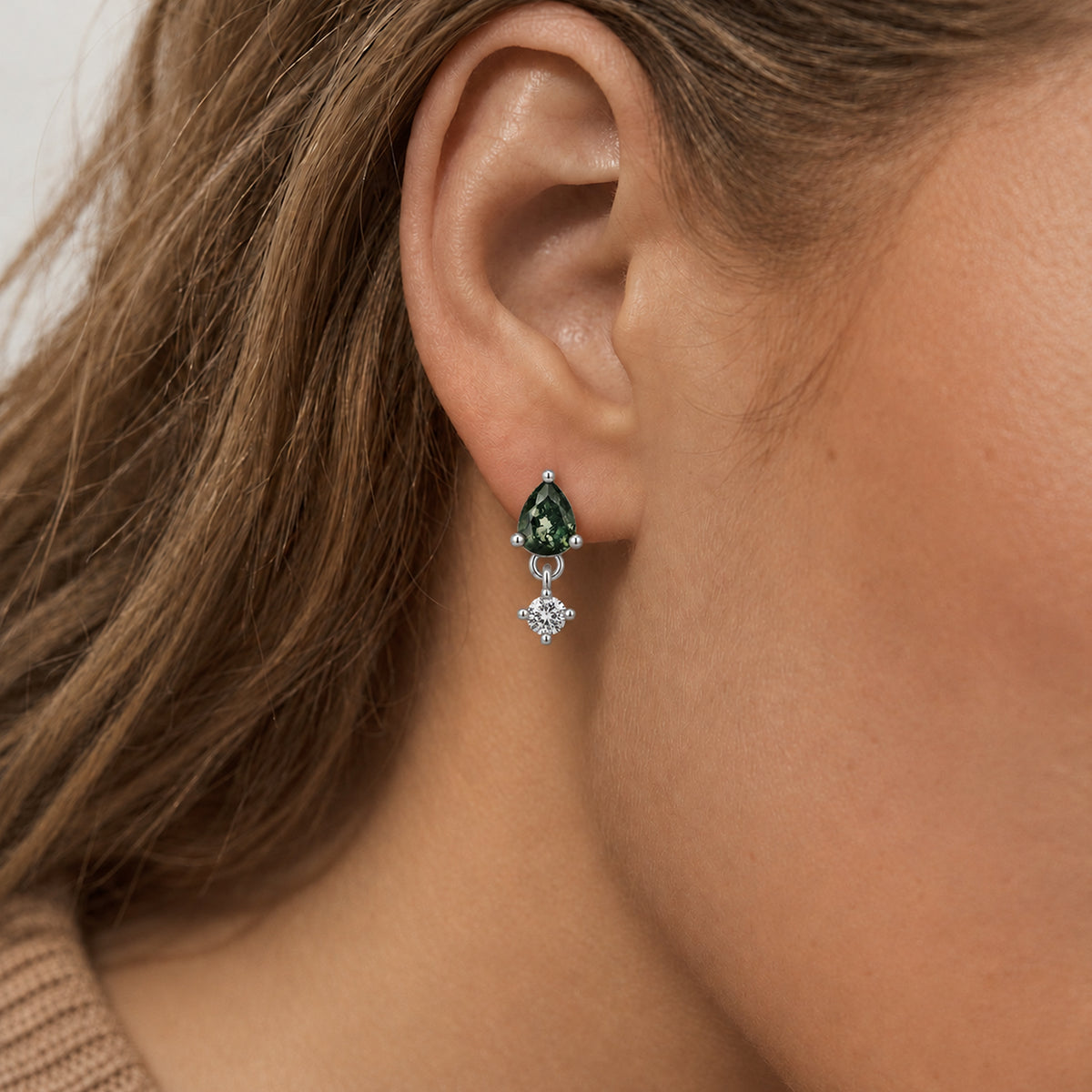 Moss Agate Zircon Flat-Back Drop Earrings