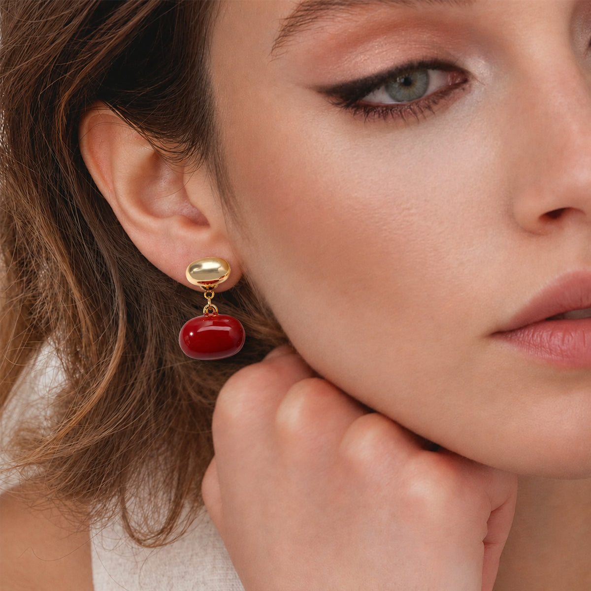 Red Enamel Pebble Drop Stud Earrings