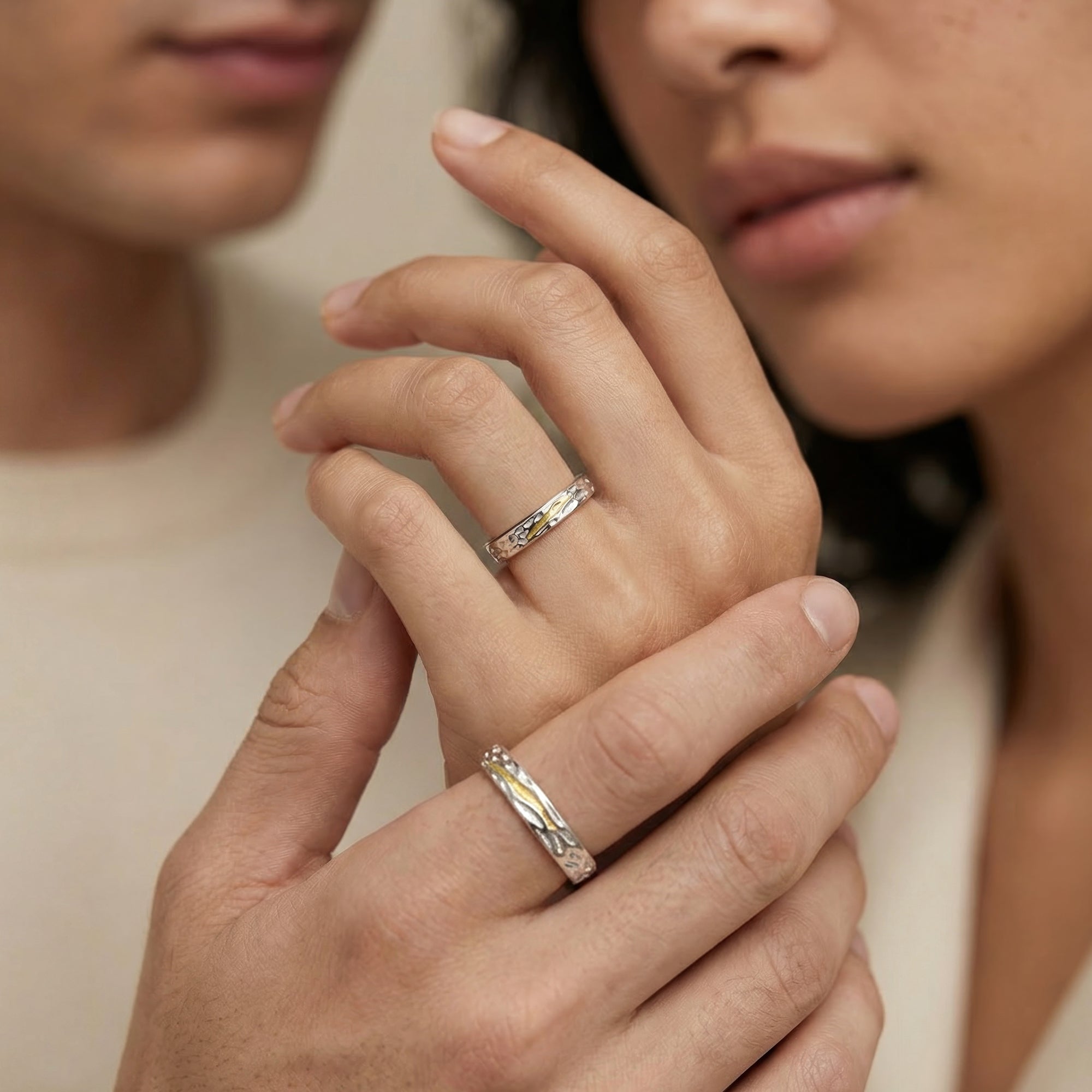 Two-Tone Textured S925 Silver Couple Ring Set