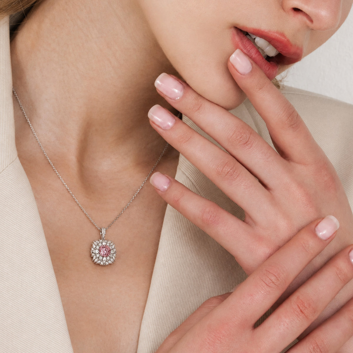 Pink Cubic Zirconia Halo Pendant Necklace