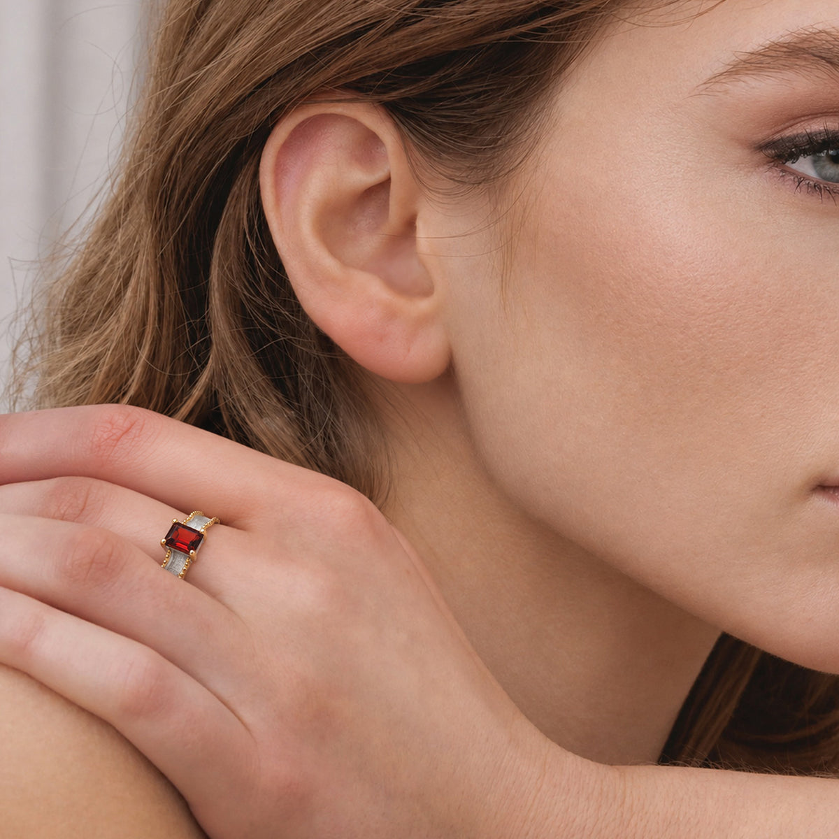 Natural Gemstone Two-Tone Adjustable Sterling Silver Ring