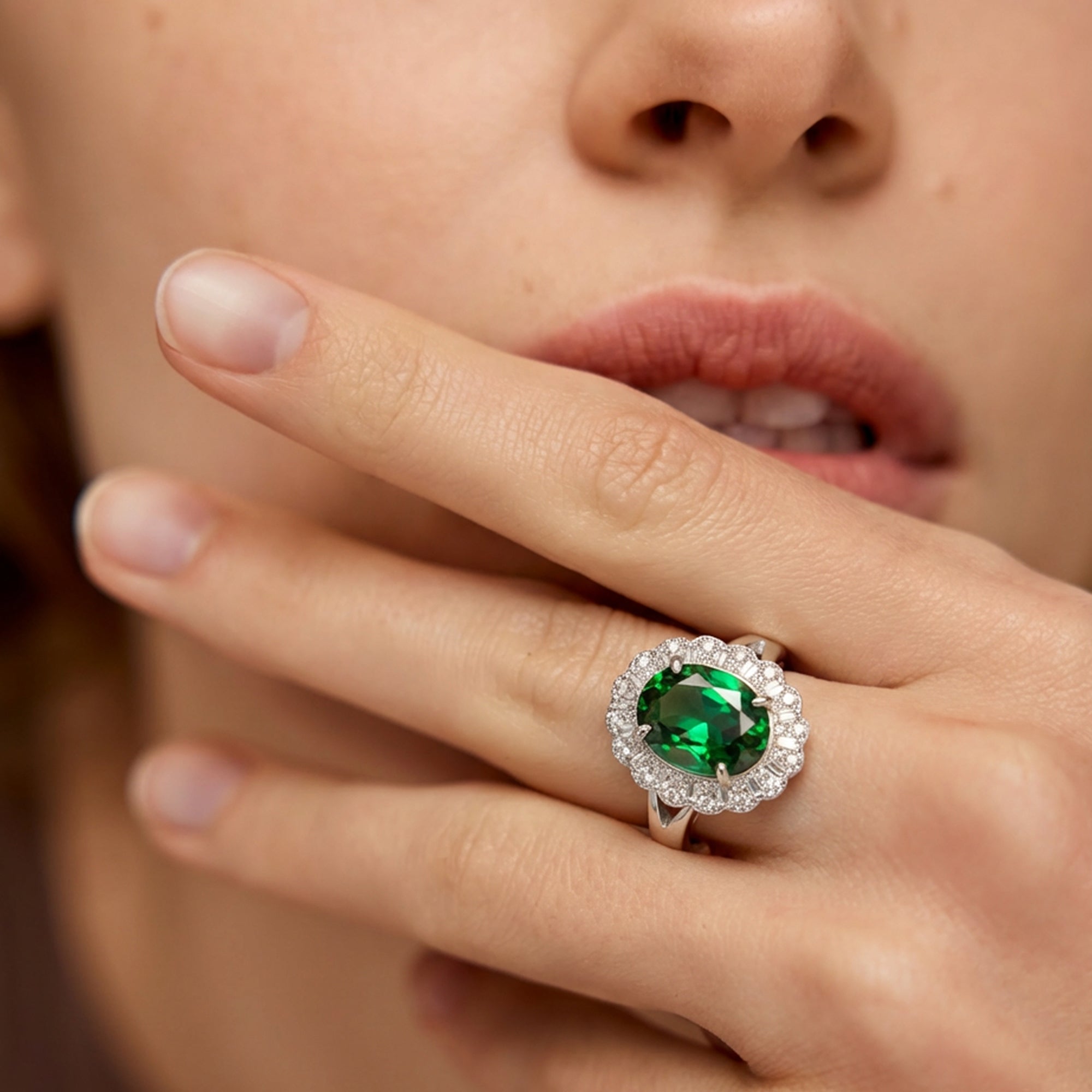 Silver-Tone Green Zircon Halo Copper Ring