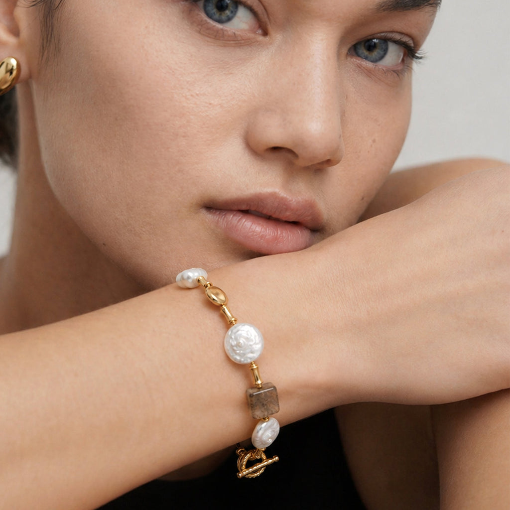 18K Gold-Plated Pearl & Picture Jasper Bracelet