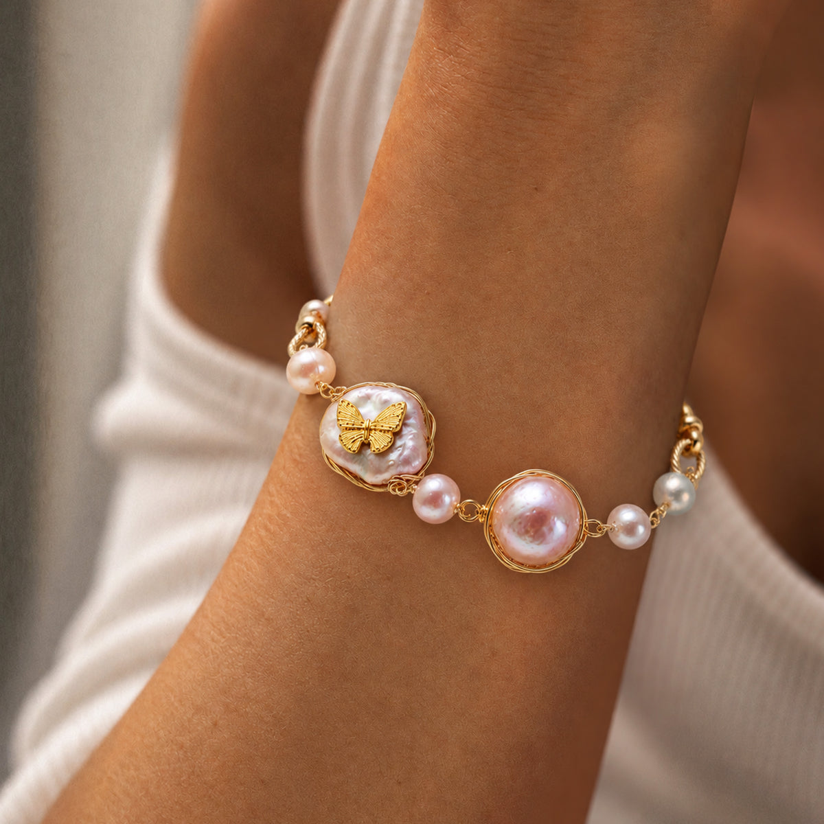 Gold-Plated Baroque Pearl Butterfly Bracelet