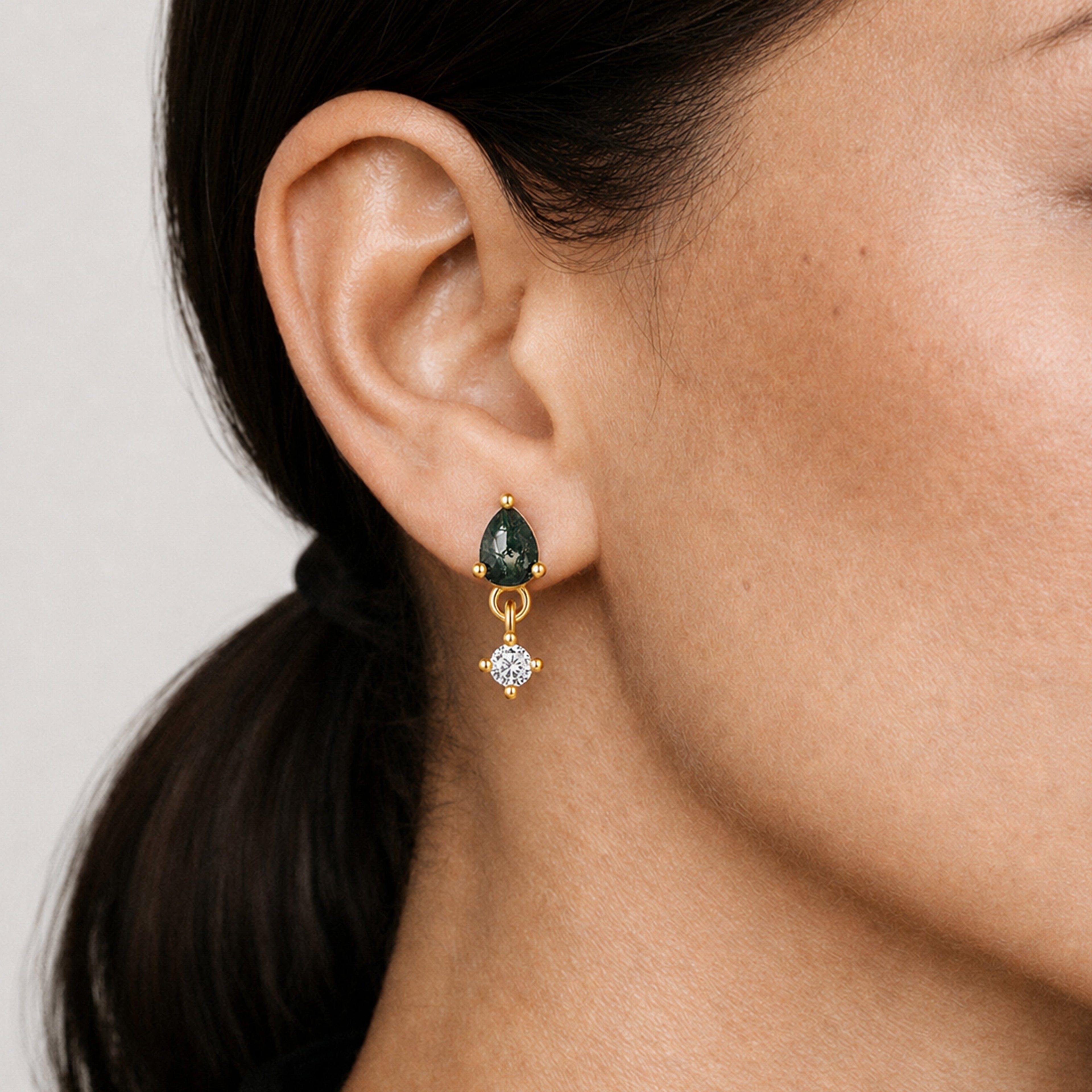 Moss Agate Zircon Flat-Back Drop Earrings