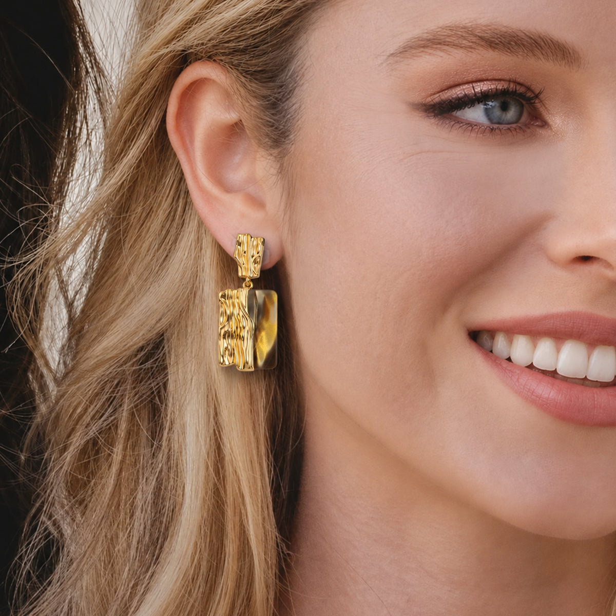 Textured Gold Shell Panel Drop Earrings