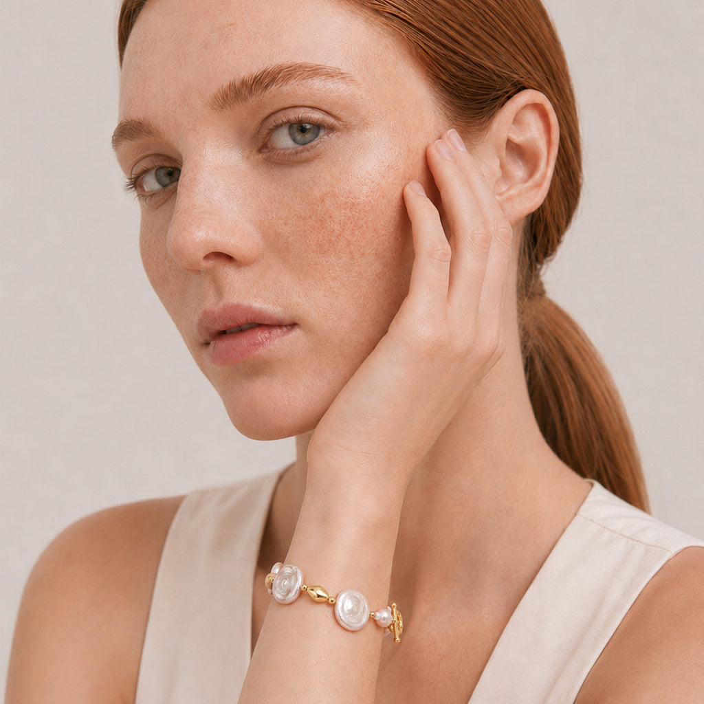 18K Gold-Plated Coin Pearl Toggle Bracelet