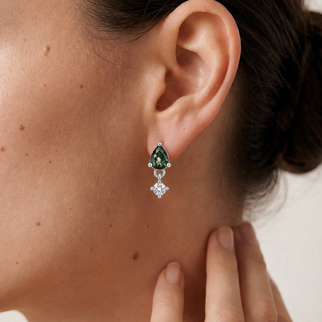 Moss Agate Zircon Flat-Back Drop Earrings