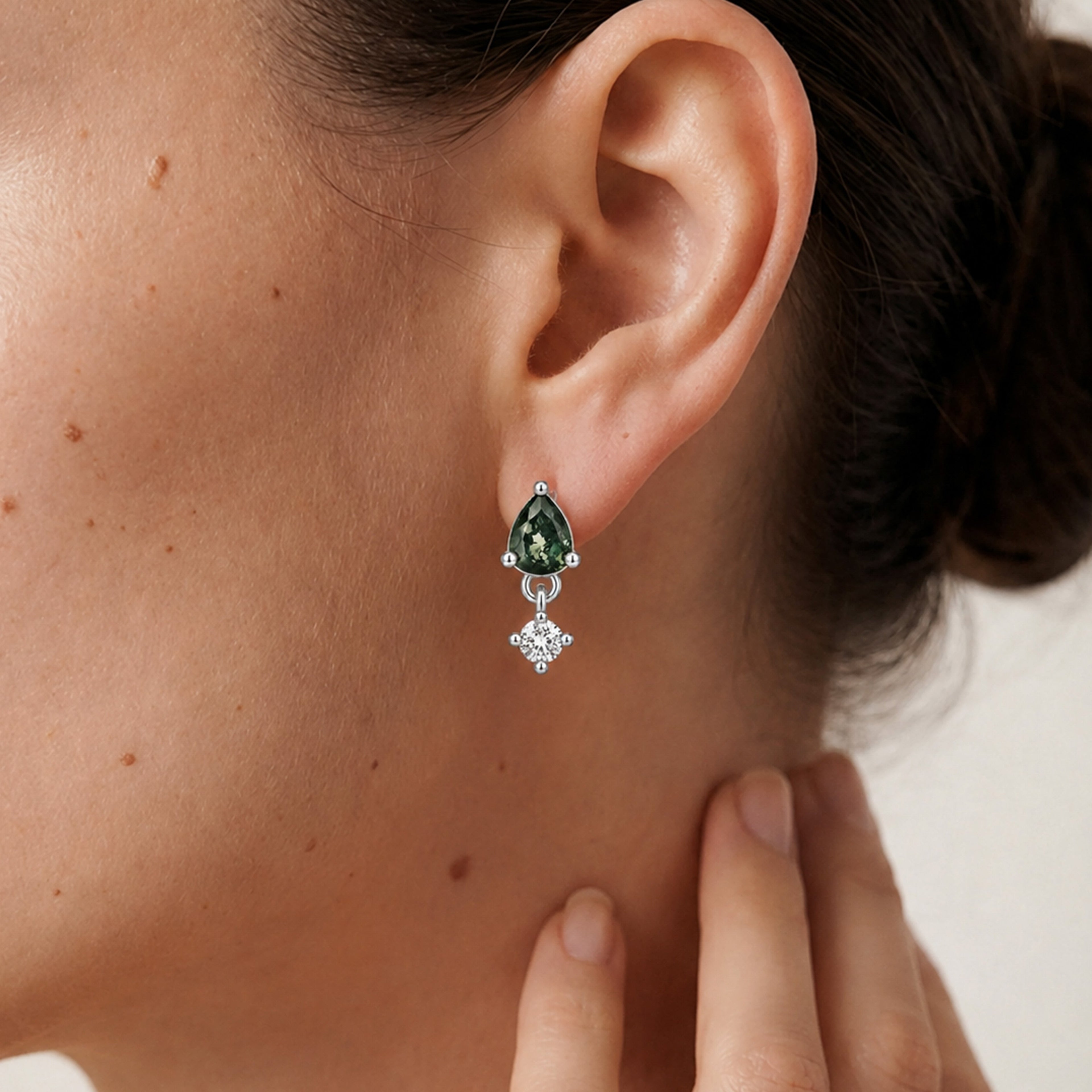 Moss Agate Zircon Flat-Back Drop Earrings