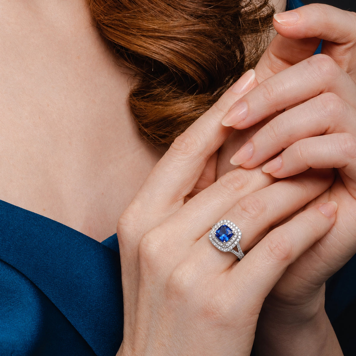 Silver-Tone Blue Zircon Halo Adjustable Ring