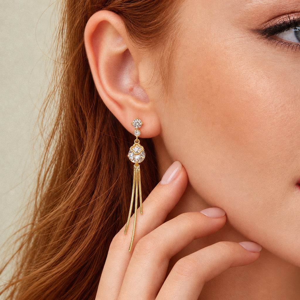 Clover Zircon Chain Tassel Drop Earrings