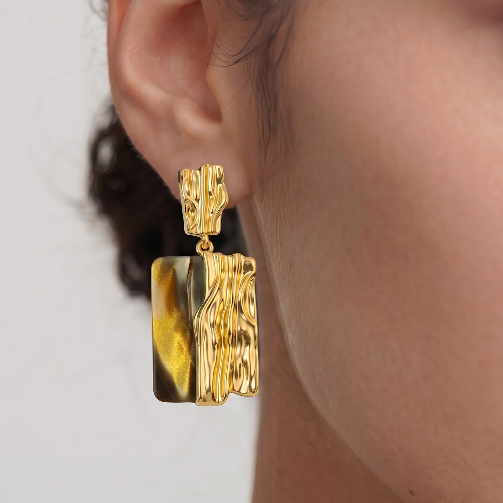 Textured Gold Shell Panel Drop Earrings
