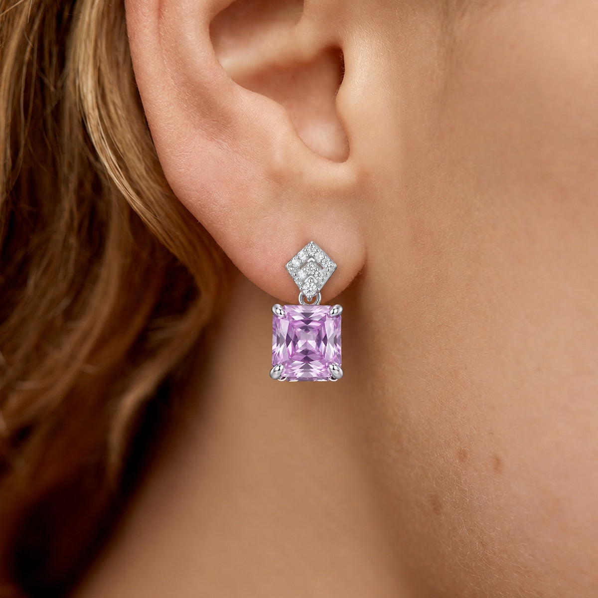Pink Square-Cut Zircon Drop Stud Earrings