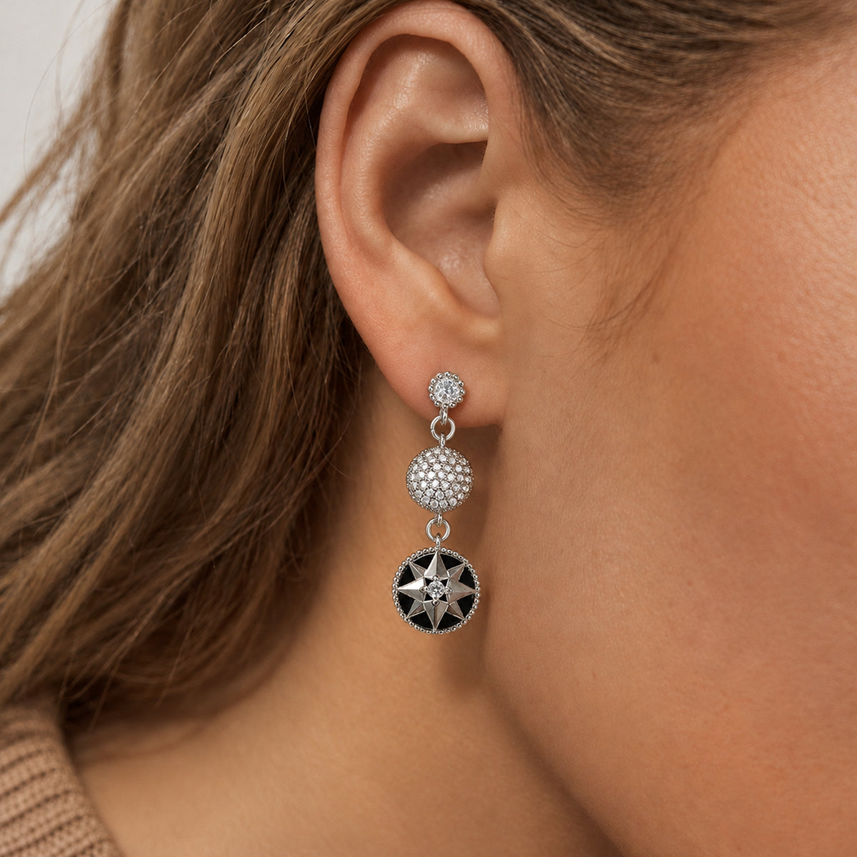 Silver-Tone Star Medallion Drop Earrings