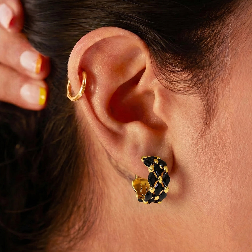 Black Enamel Woven Hoop Earrings